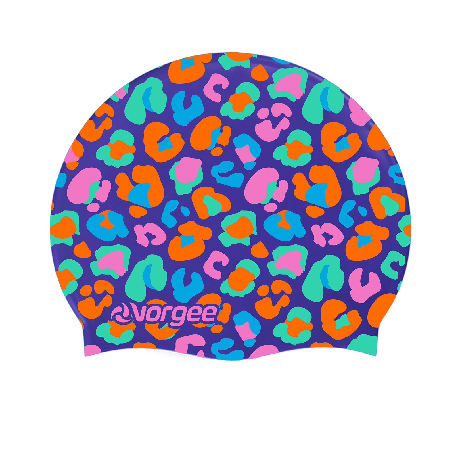 Miss Glamour printed silicone swimming cap with multi coloured leopard print in purple, while, teal and orange 