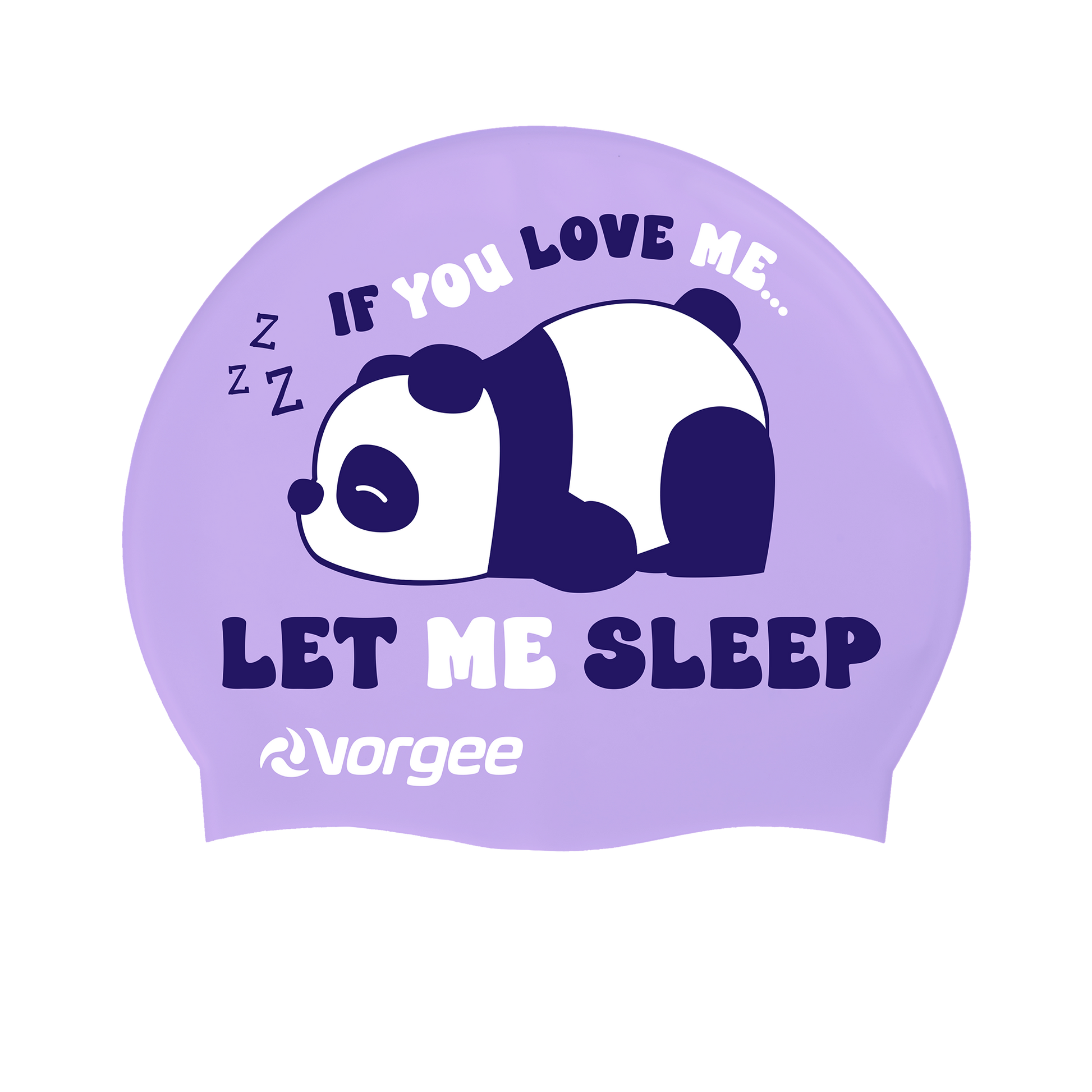 Miss Glamour printed silicone swimming cap with sleepy panda print in light purple, navy and white 