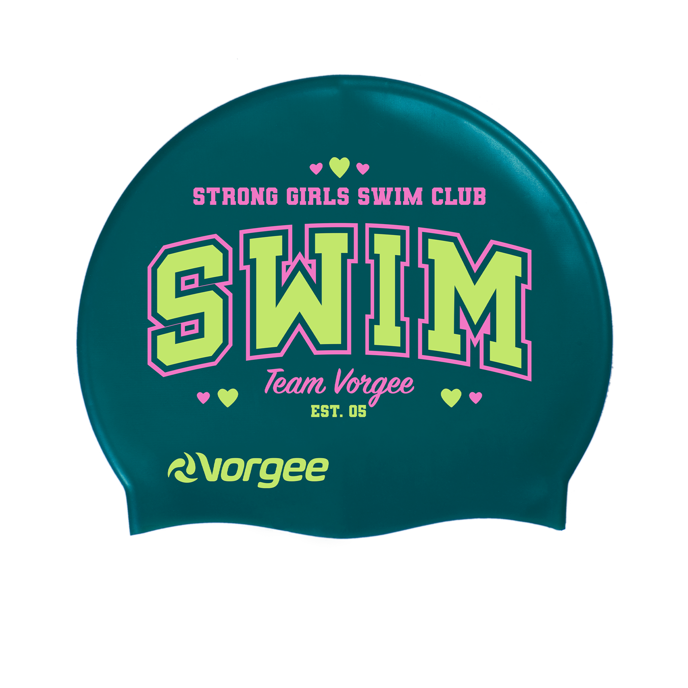 Miss Glamour printed silicone swimming cap with college varsity print in dark green, pink and lime green 