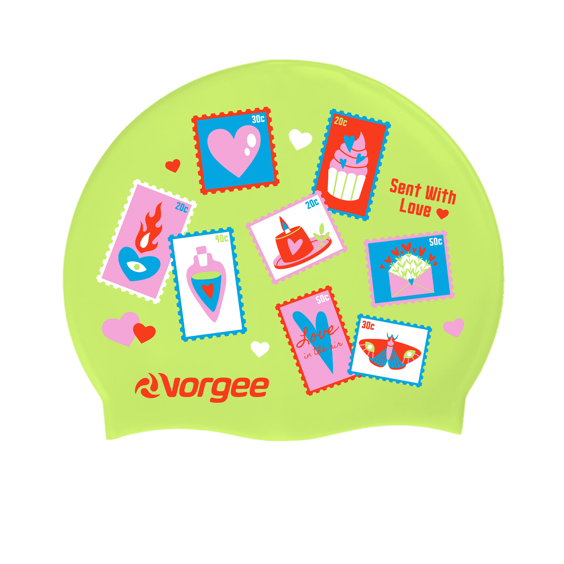 Miss Glamour printed silicone swimming cap with stamp print in bright green, pink, blue & white 