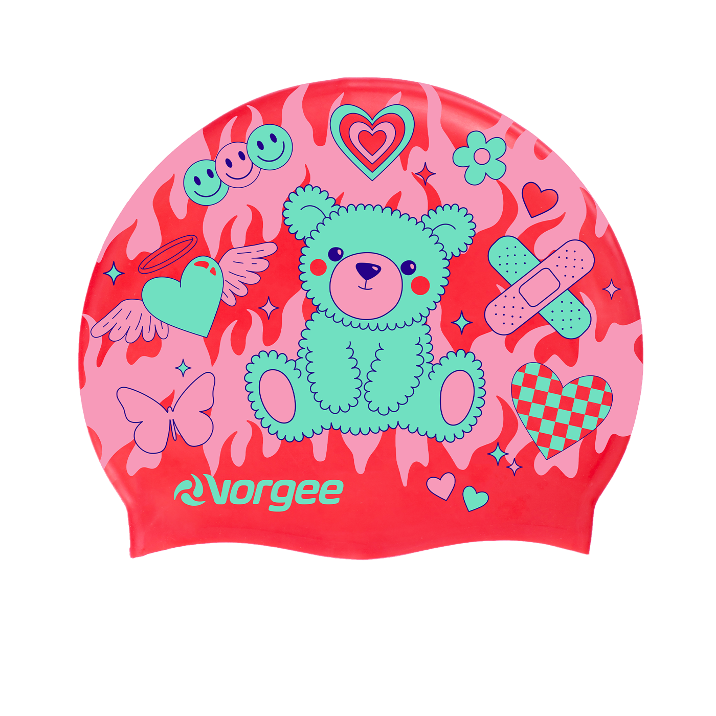 Miss Glamour printed silicone swimming cap with Y2K Teddy print in bright red, pink, blue and white 