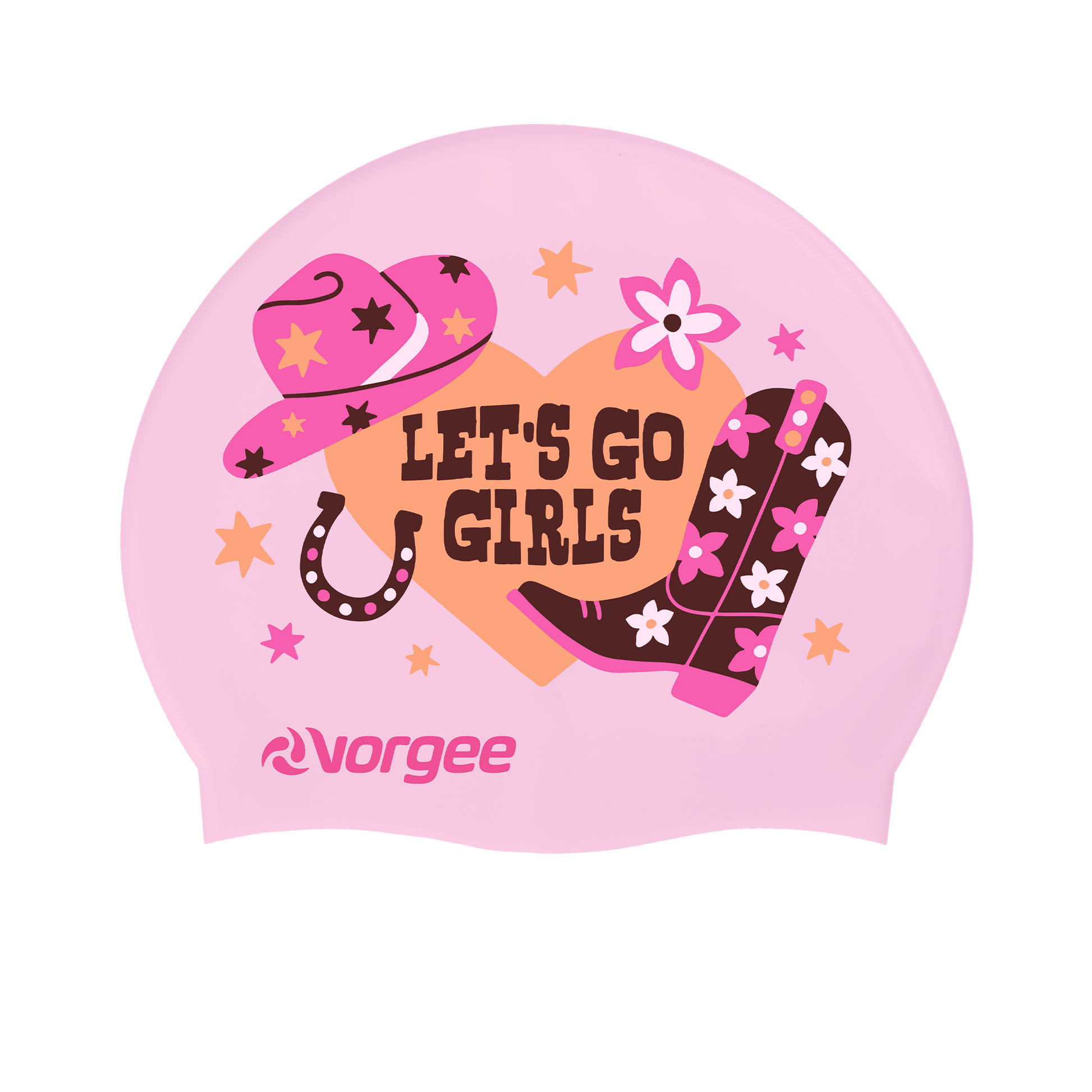 Miss Glamour printed silicone swimming cap with cowgirl print that says 'yeehaw' in light pink, pink orange and brown