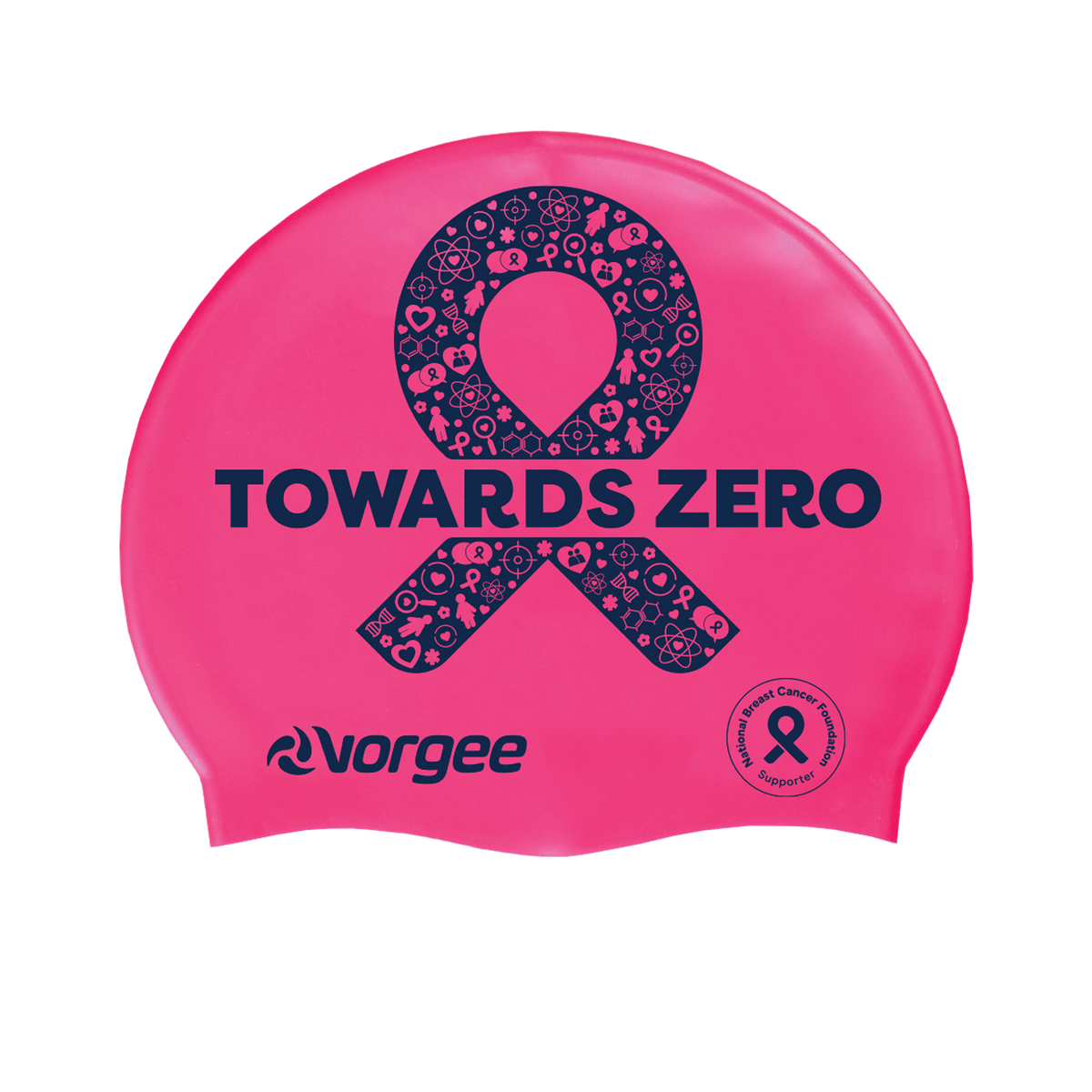NBCF Classic silicone swimming cap in bright pink with navy Towards Zero text and ribbon made up of small icons