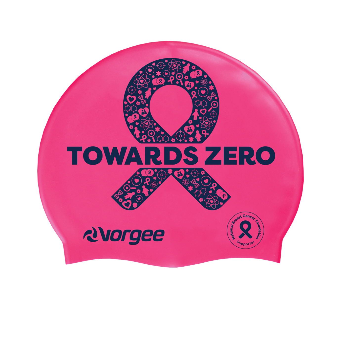 NBCF Classic silicone swimming cap in bright pink with navy Towards Zero text and ribbon made up of small icons