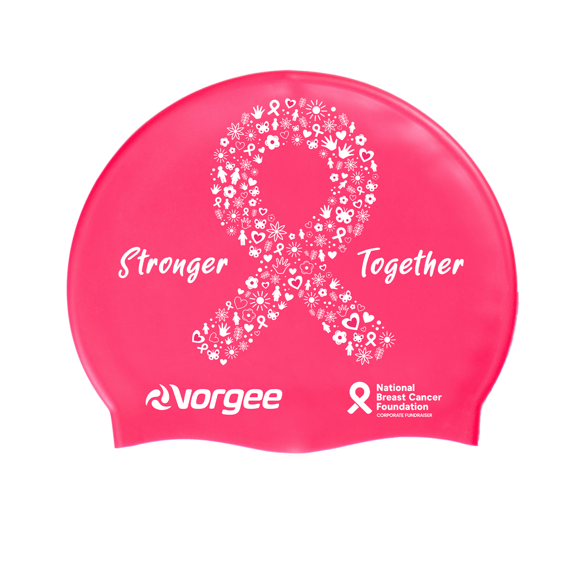 NBCF Classic silicone swimming cap in bright pink with white Stronger Together text and ribbon made up of small icons