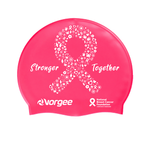 NBCF Classic silicone swimming cap in bright pink with white Stronger Together text and ribbon made up of small icons