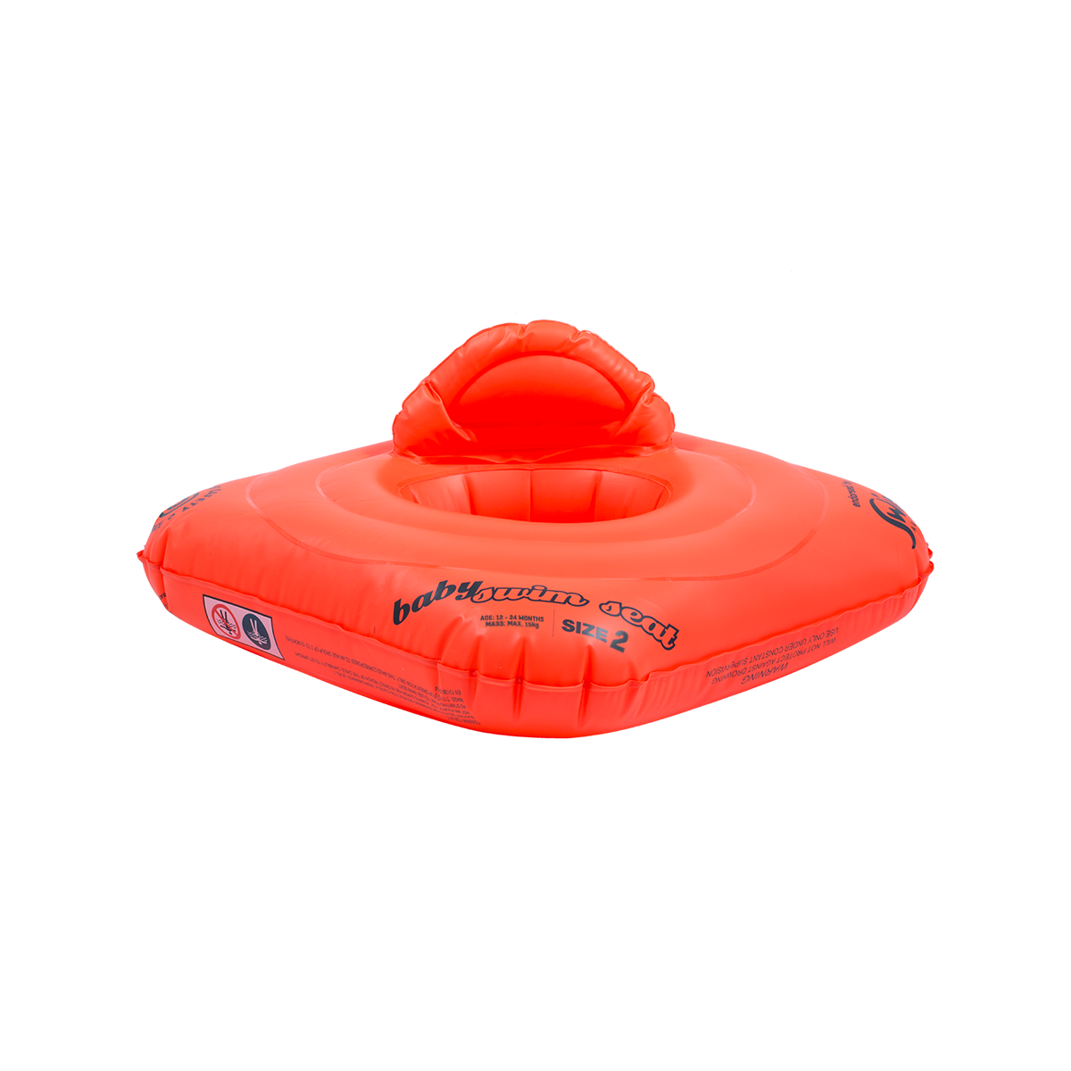 Inflated Baby Swim Seat, with headrest, in bright orange and navy text 
