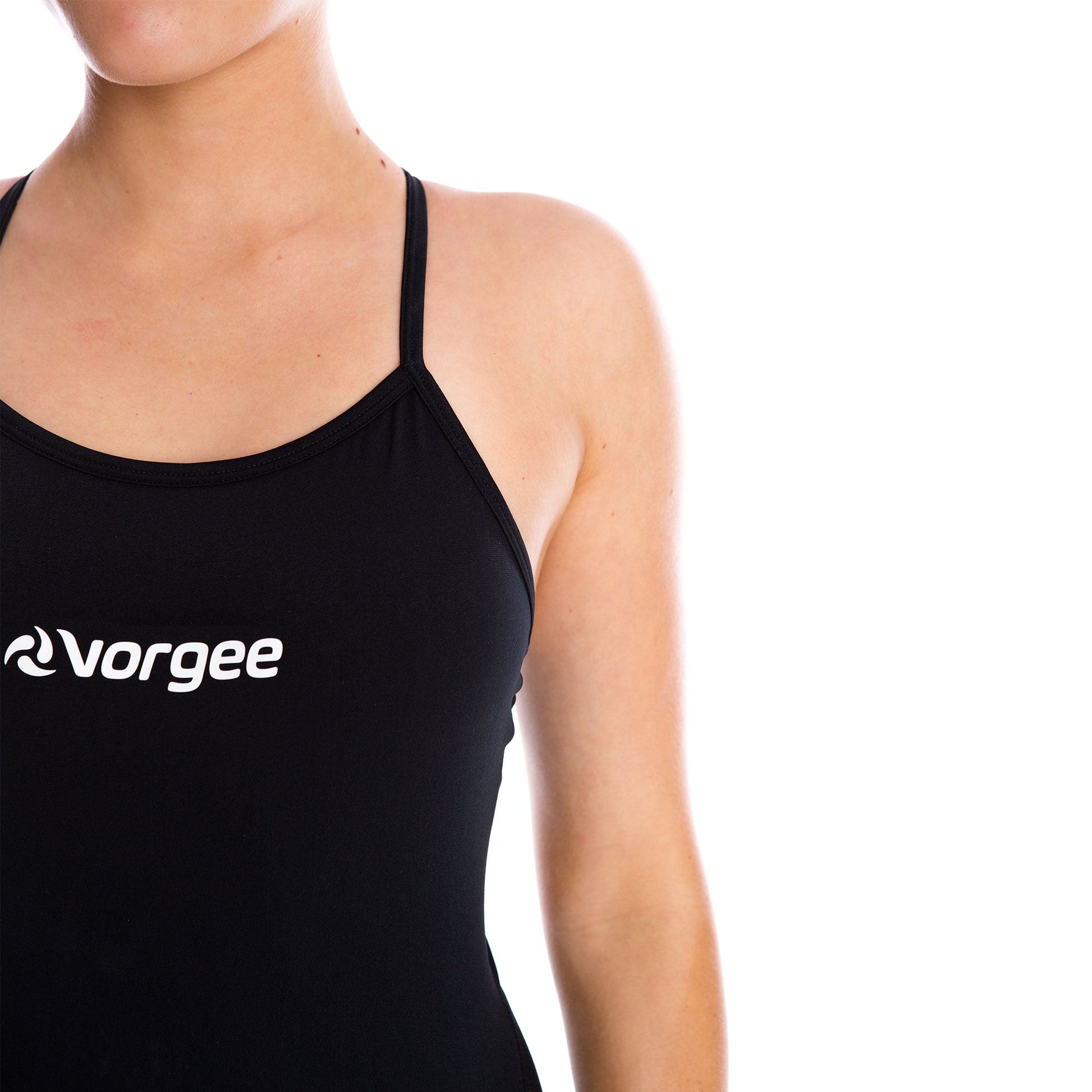 one piece women's swimwear with scoop front, thin straps and butterfly back in black and logo at chest