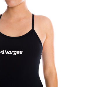 one piece women's swimwear with scoop front, thin straps and butterfly back in black and logo at chest