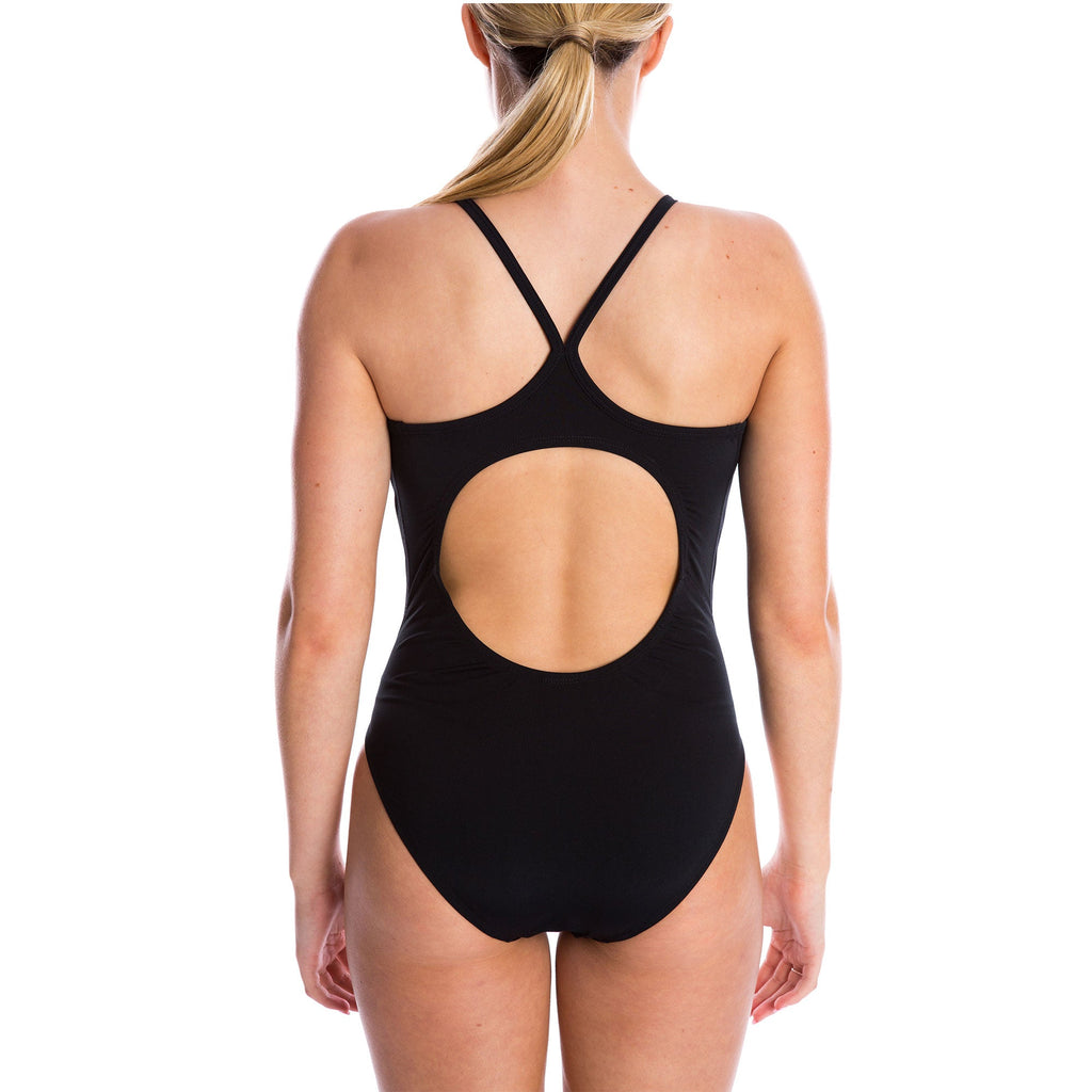 one piece women's swimwear with scoop front, thin straps and butterfly back in black and logo at chest