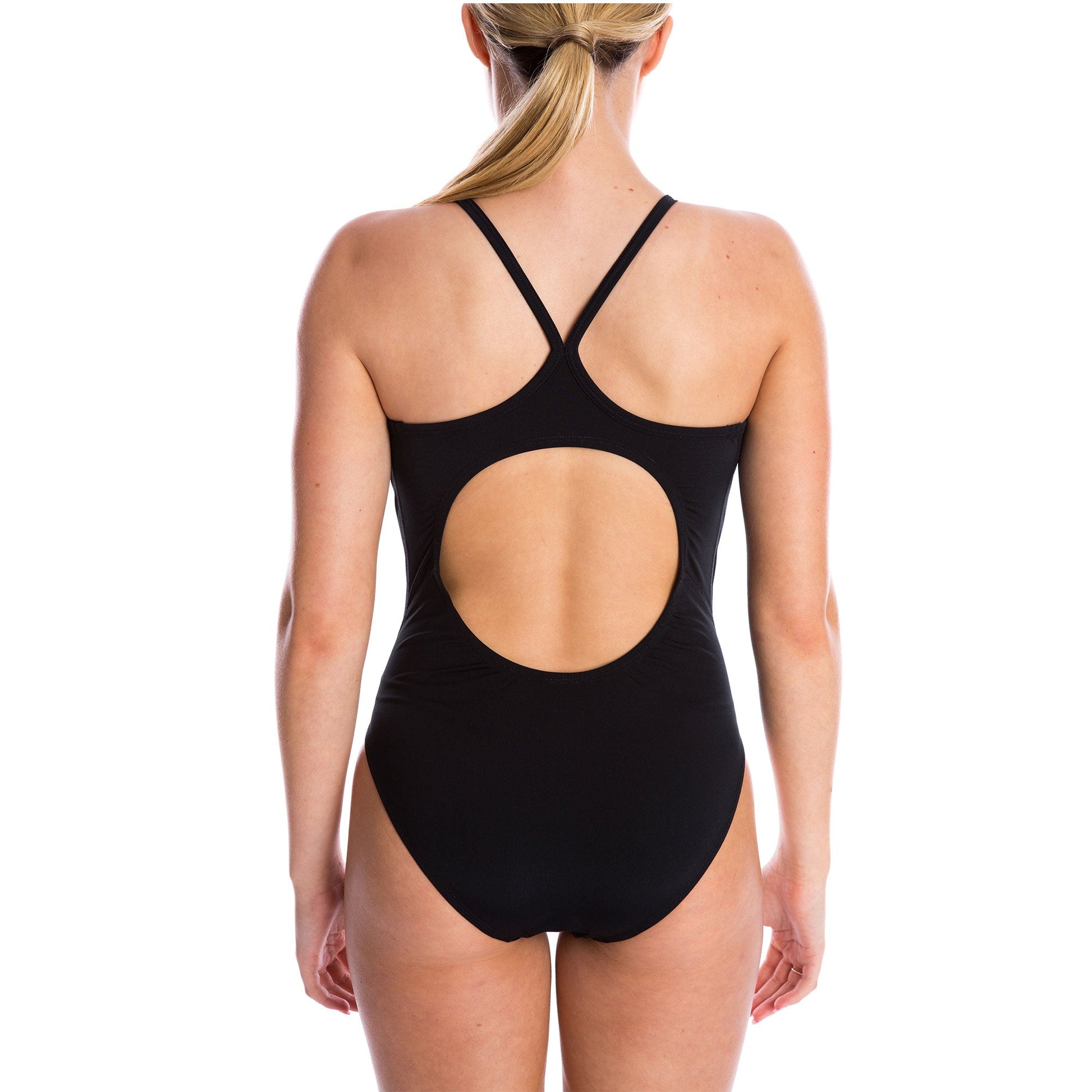 one piece women's swimwear with scoop front, thin straps and butterfly back in black and logo at chest