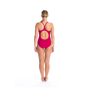 one piece women's swimwear with scoop front, thin straps and butterfly back in pink and logo at chest