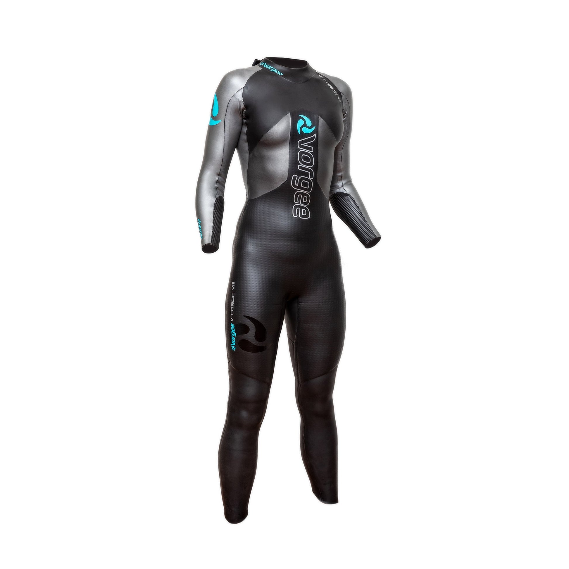 womens full length wetsuit in black, silver and aqua