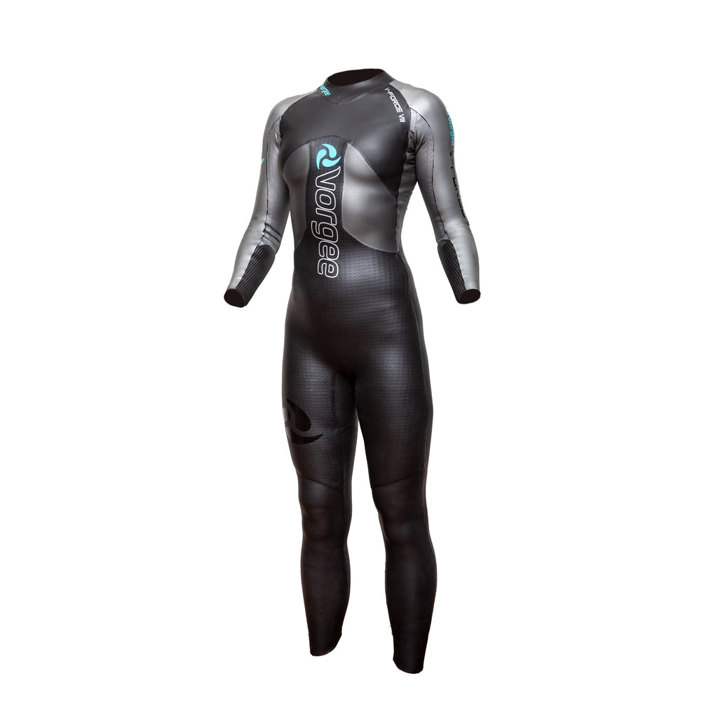 womens full length wetsuit in black, silver and aqua