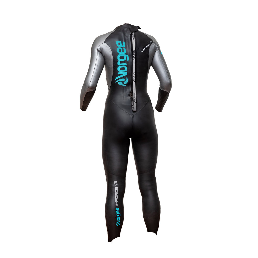 womens full length wetsuit in black, silver and aqua