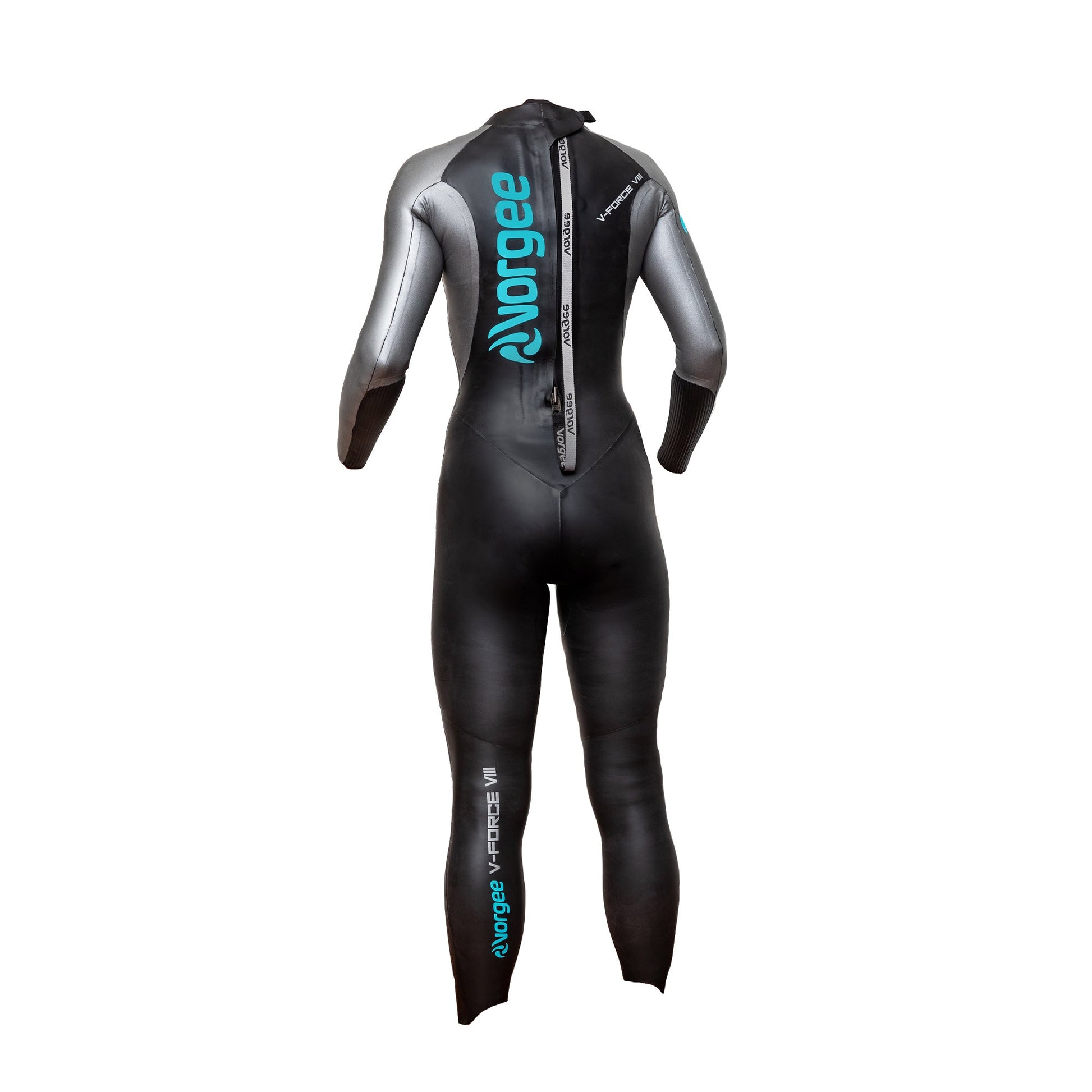 womens full length wetsuit in black, silver and aqua